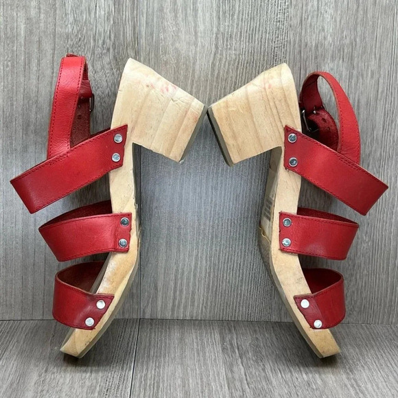 UO Cooperative Sandals Women 7 Gladiator Slingback Wooden Block Heel Leather Red - Picture 8 of 13